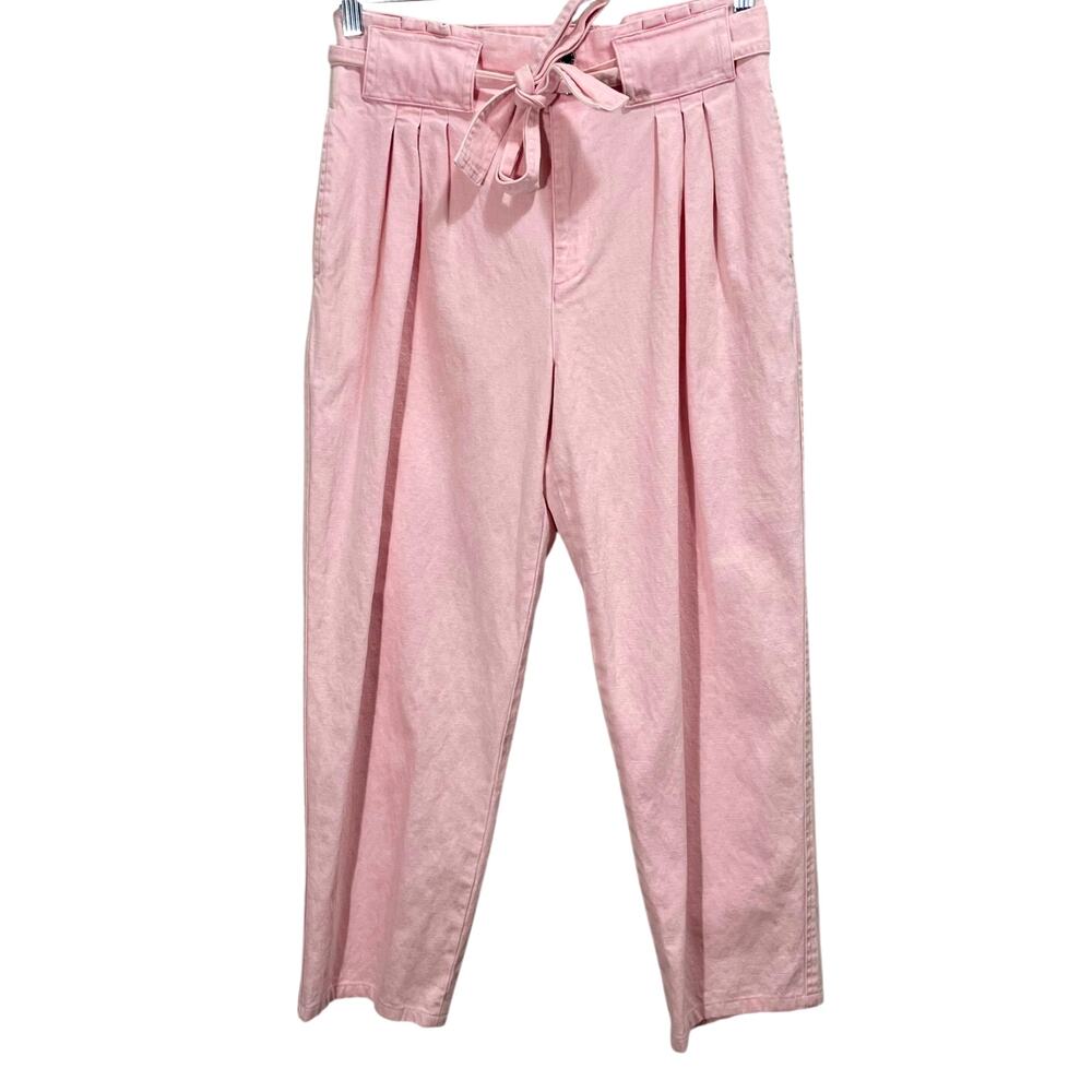 Sandro Paris Tod Paperbag Pants Pink Belted cotton-blend Twill Tapered Size 40